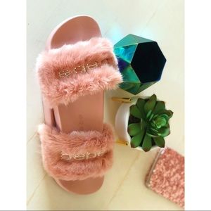 Bebe Faux Fur Slides With Rhinestones